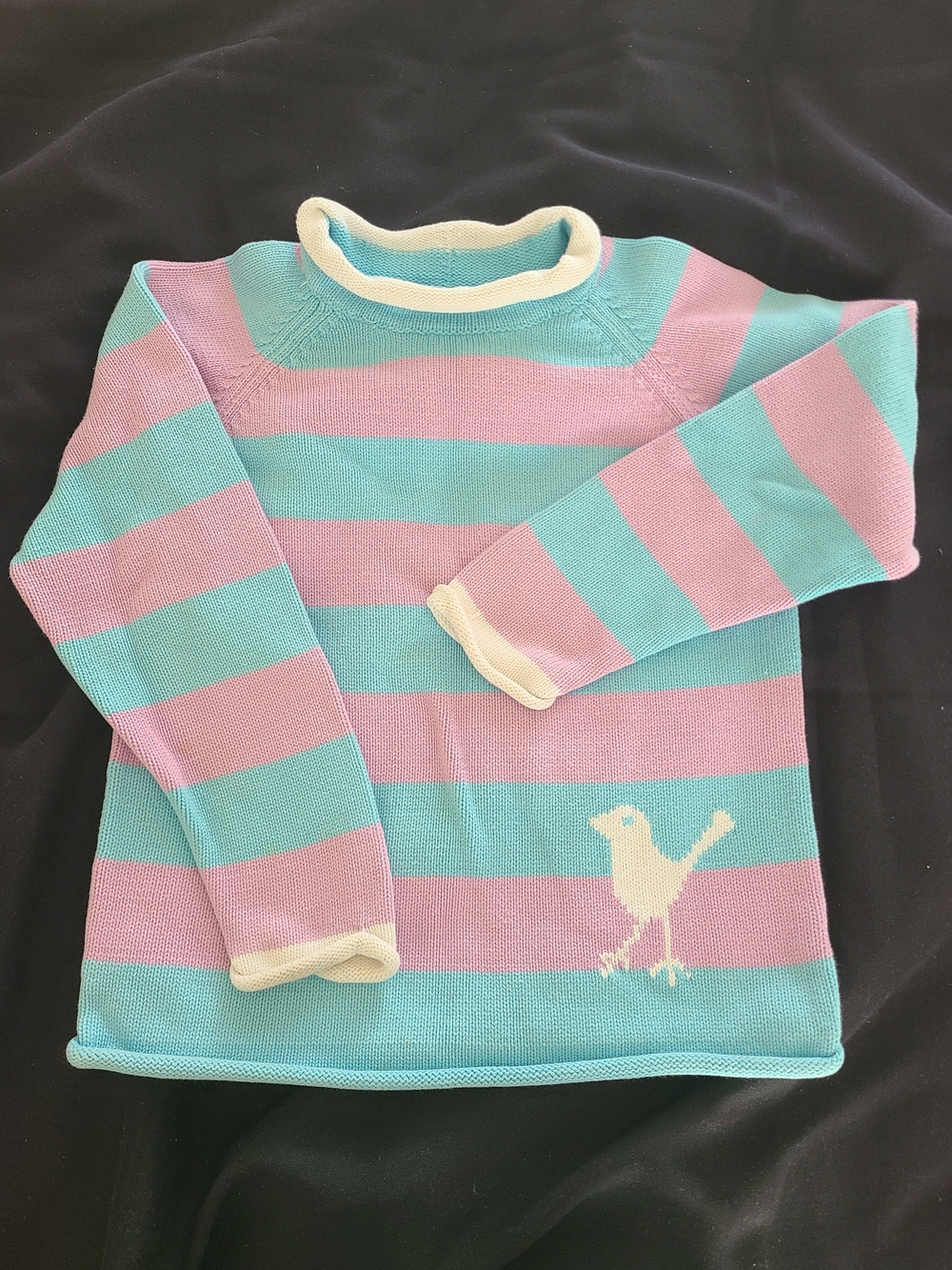 Vintage L.L. Bean Pink & Blue Striped Kids Sweater with Bird Motif 6X/7